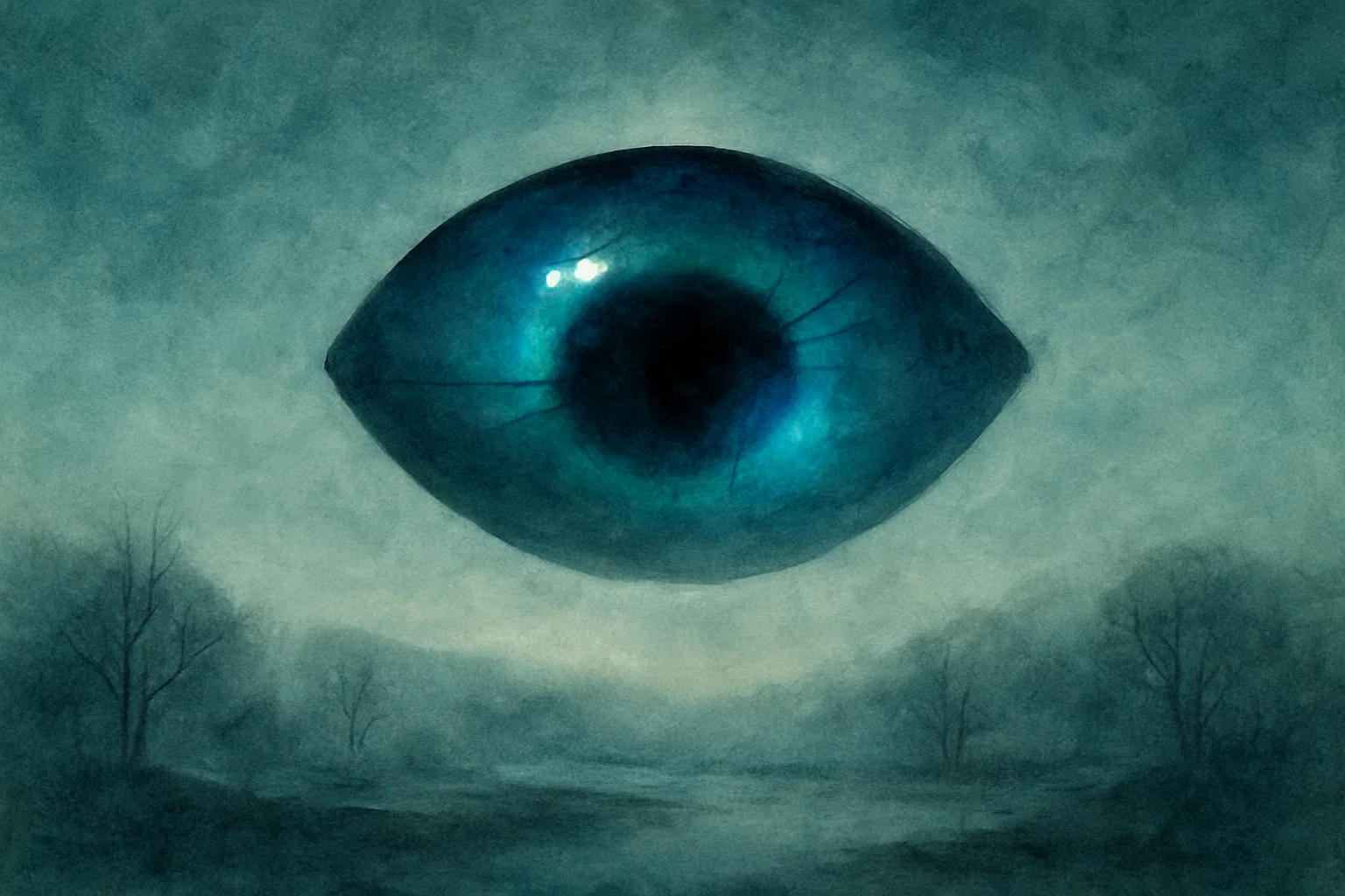Ein schwebendes Auge über einer Landschaft. Sehend, leicht trüb, latent sehnsüchtig.