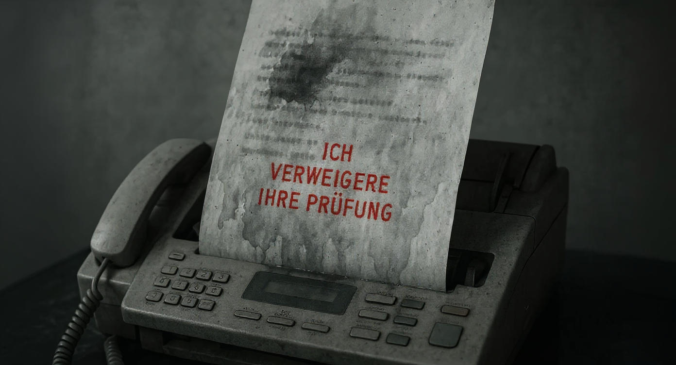 Ein Faxgerät spuckt ein Dokument aus. Auf dem Papier steht in roter Schrift: „Ich verweigere Ihre Prüfung“. Das Blatt ist fleckig, wie von Wasser oder Tränen durchzogen.