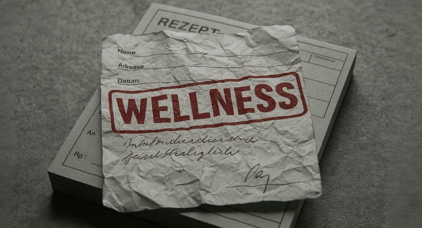 Ein zerknittertes Rezept, überstempelt mit „WELLNESS“. Die Unterschrift darunter wirkt gleichgültig.
