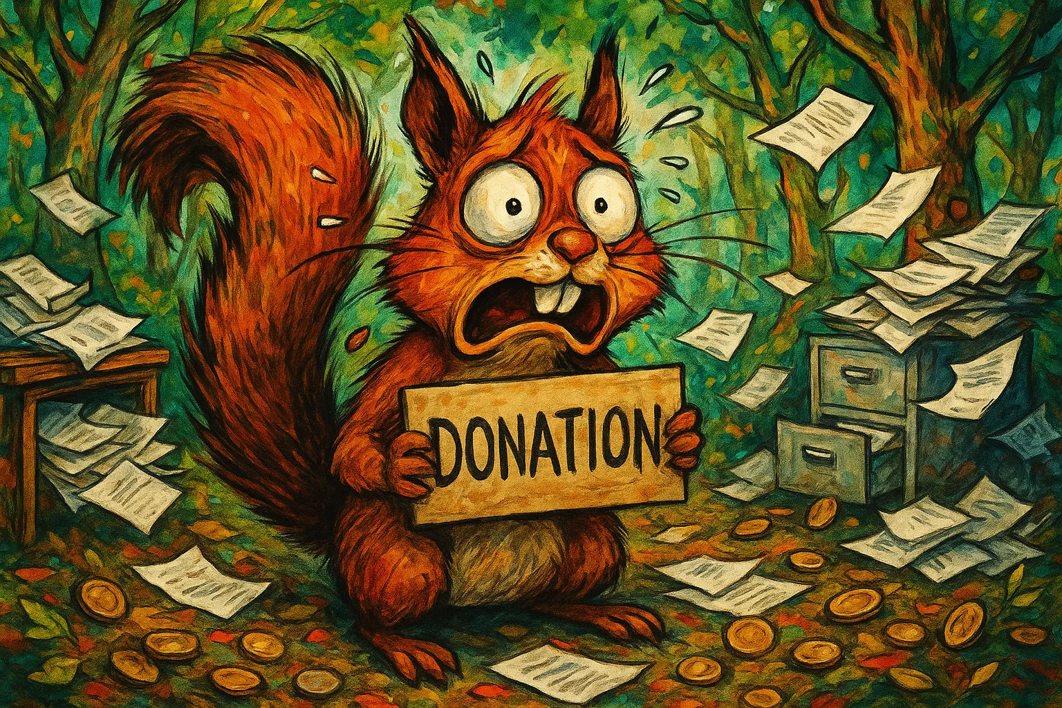Ein aufgeregtes Eichhörnchen steht im Papierchaos und hält ein Schild mit „DONATION“