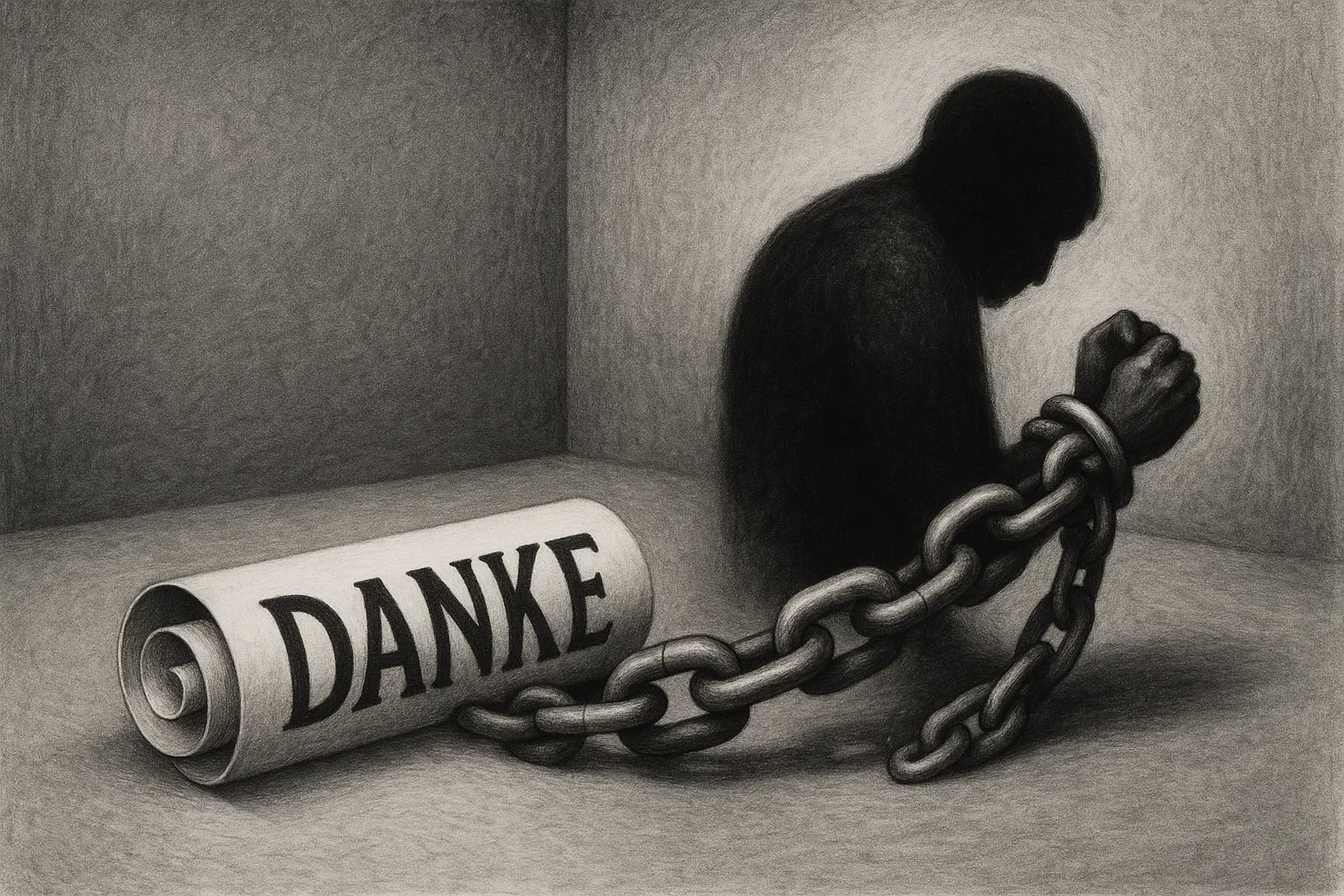 Eine Figur sitzt mit gesenktem Kopf in einem dunklen Raum, an die Hand gekettet ist eine Rolle mit „DANKE“