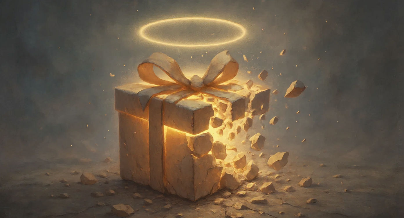 Zerfallendes Geschenk mit goldener Schleife und Heiligenschein darüber