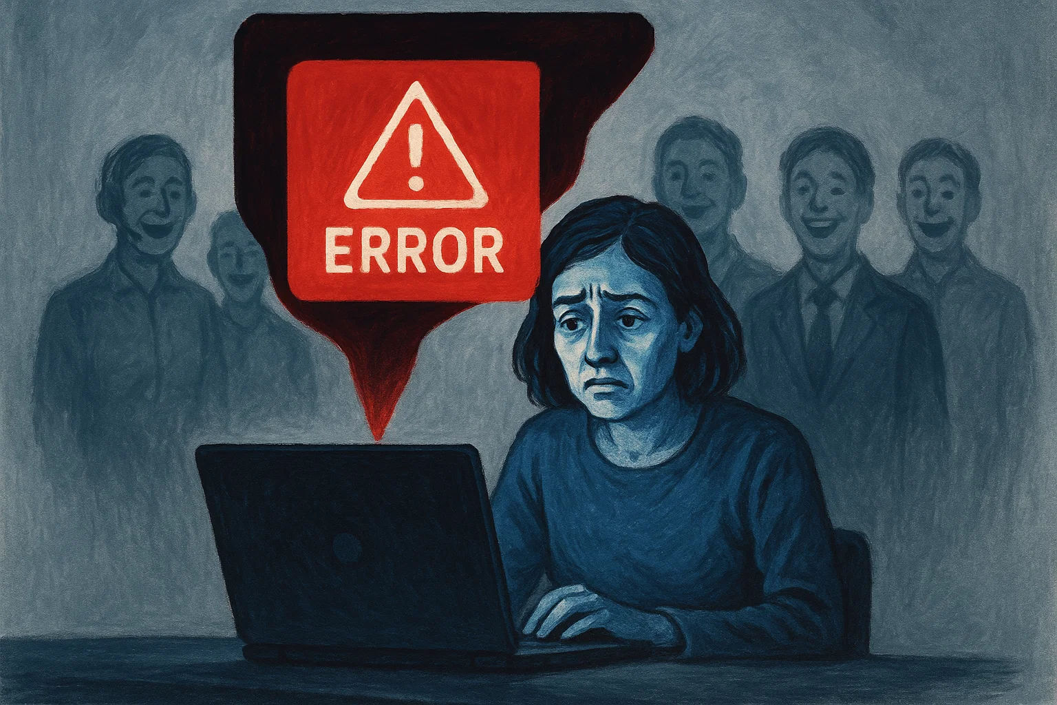 Frau mit verzweifeltem Blick vor einem Laptop, über ihr schwebt eine rote Fehlermeldung. Im Hintergrund: grinsende Schattenfiguren – der Chor der Dienstleister.