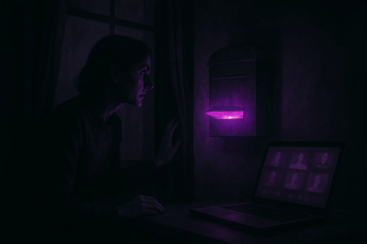 Frau späht mit angespannter Miene durch den Vorhang. Neben ihr: ein leuchtender Briefkasten mit violettem Licht, auf dem Laptop flackern verschwommene Meeting-Kacheln.
