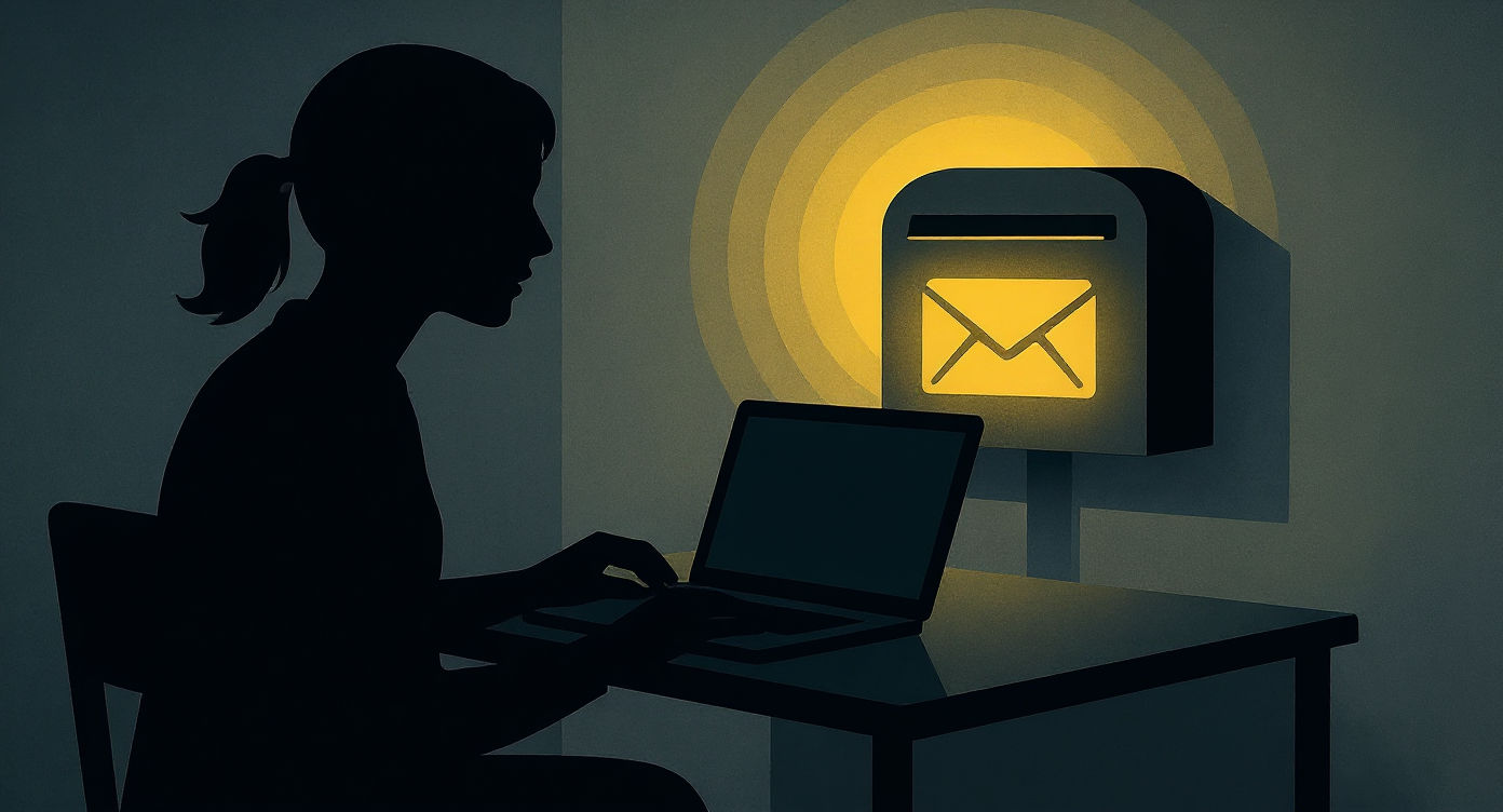 Silhouette einer Frau am Laptop, neben ihr ein leuchtender Briefkasten, der ein digitales Signal ausstrahlt – Symbol für eine physische Macht im digitalen Alltag.