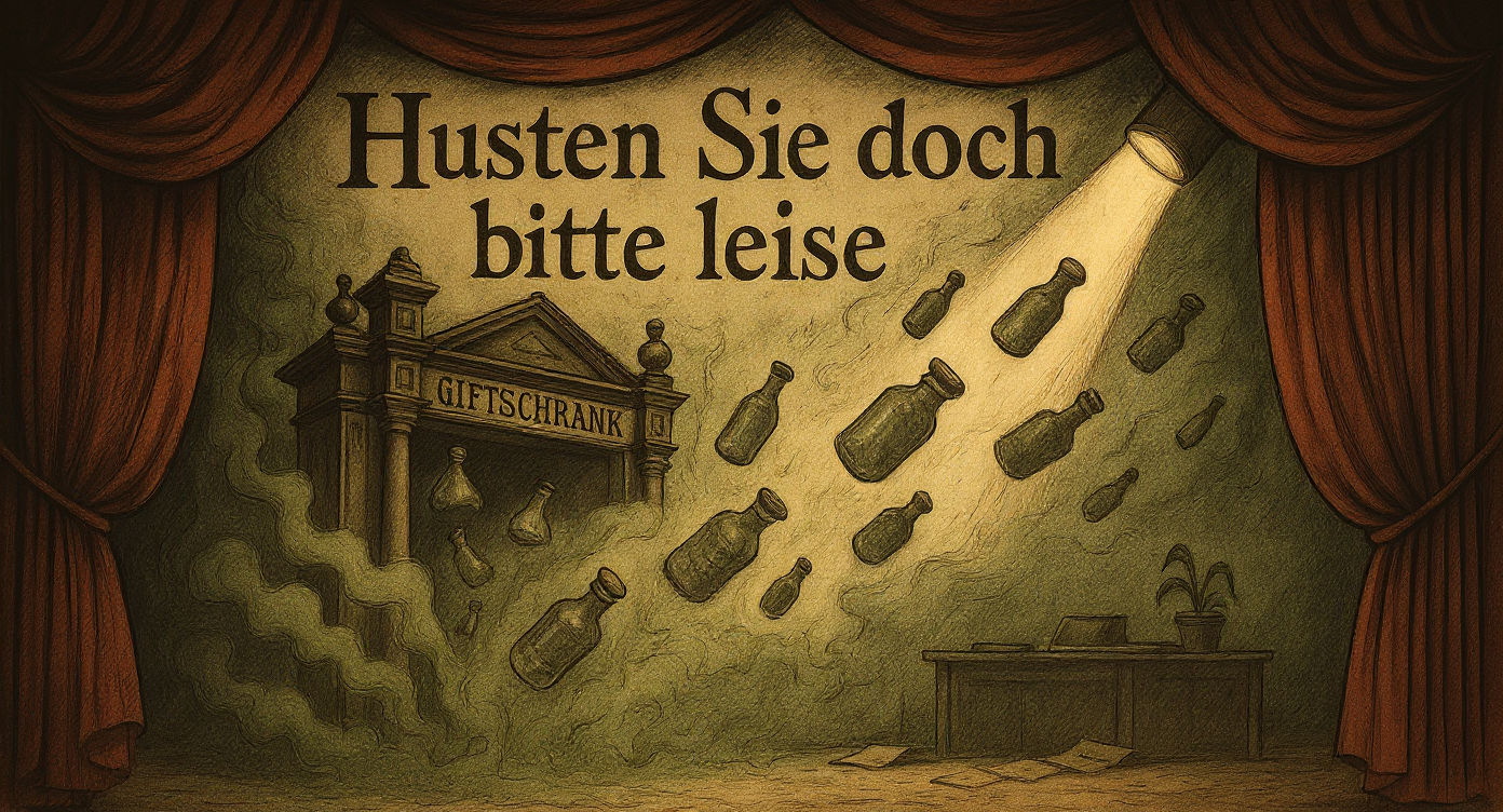 Illustration einer Bühne mit schweren roten Vorhängen. Im Zentrum ein antiker „Giftschrank“, aus dem grünlicher Nebel und alte Medizinfläschchen quellen. Eine einzelne Schreibtischszene im Hintergrund verweist auf das Büro-Setting. Darüber projiziert der Titel: „Husten Sie doch bitte leise“.