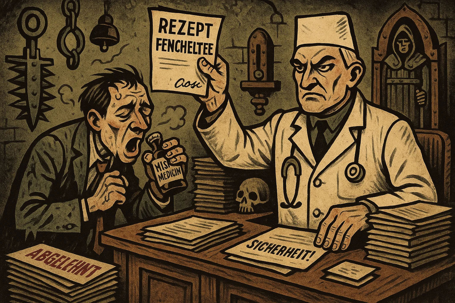 Eine düstere, satirische Darstellung eines Arztzimmers, wo ein strenger Arzt ein Rezept für Fencheltee hochhält. Ein hustender Patient schnüffelt an einer alten Medizinflasche, umgeben von Akten mit „Sicherheit“-Stempeln und einem Schädel auf dem Schreibtisch.