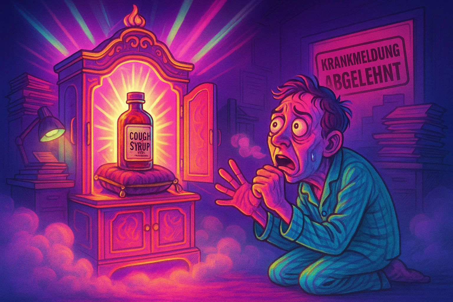 Eine satirische Illustration eines leuchtenden Badezimmerschranks wie ein heiliger Schrein, mit einer alten, verstaubten Hustenmedizinflasche als Zentrum. Ein verzweifelter Mensch in Pyjama betet davor, während im Hintergrund ein chaotisches Büro mit „Krankmeldung abgelehnt“-Stempeln sichtbar ist.
