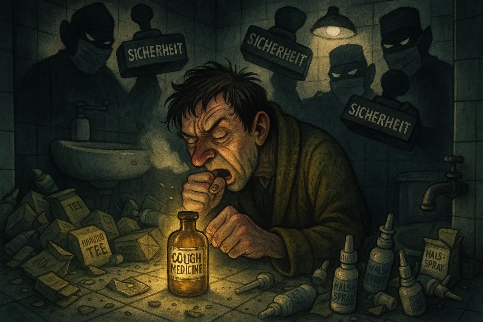 Eine absurde Illustration eines Badezimmers, wo ein hustender Mensch ein leuchtendes Fläschchen „Cough Medicine“ umklammert. Im Hintergrund lauern schattenhafte Gestalten mit „Sicherheit“-Schildern, umgeben von nutzlosen Teepackungen und Halssprays.
