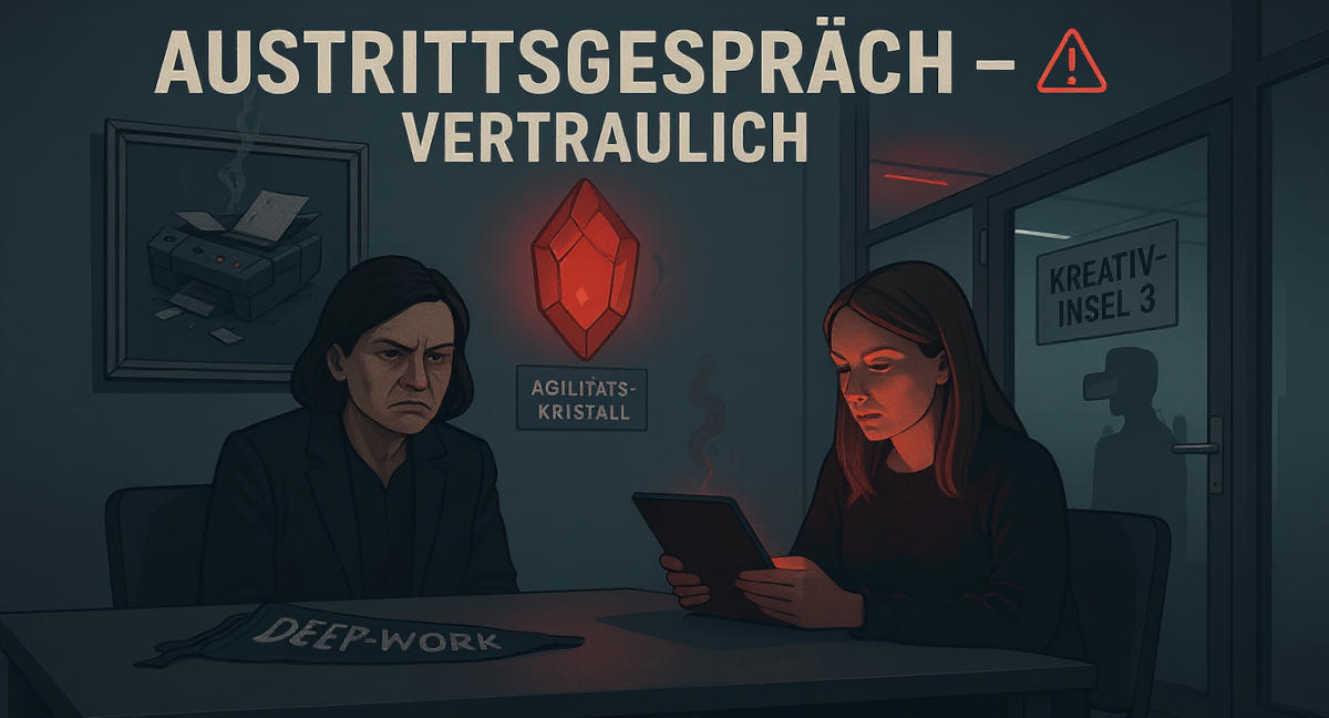 Eine satirisch-düstere Illustration eines Austrittsgesprächs in einem modernen Büro. Links sitzt eine erschöpfte Frau mit finsterem Blick an einem Tisch mit „Deep Work“-Aufdruck. Rechts: Eine freundlich konzentrierte Feelgood-Managerin mit Tablet, von rotem Licht beschienen. Zwischen ihnen: ein leuchtender „Agilitäts-Kristall“. Im Hintergrund: ein Raum namens „Kreativ-Insel 3“, ein dampfender Drucker und systemische Kälte.