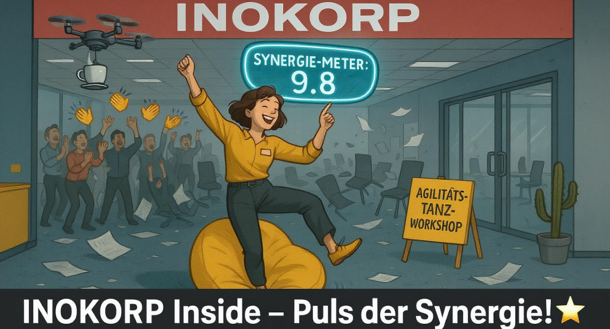 Eine überdrehte Büroillustration: Eine Frau tanzt euphorisch auf einem gelben Sitzsack, während ein „Synergie-Meter“ über ihr den Wert 9.8 anzeigt. Im Hintergrund jubelt ein applaudierender Pulk in einem chaotischen Büro. Eine Drohne serviert Kaffee, lose Blätter fliegen durch die Luft. Ein Schild kündigt einen „Agilitäts-Tanz-Workshop“ an.