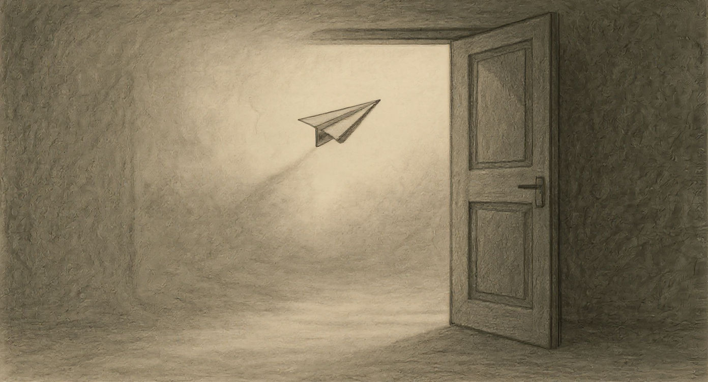 Ein fein schraffiertes, symbolisches Bild: Ein Papierflieger fliegt durch eine offene Tür in einen hellen Raum. Die Umgebung ist dunkel, fast steinartig, während das Licht außerhalb weich scheint. Die Szene wirkt still und entschieden – ein visueller Abschied ohne Drama.