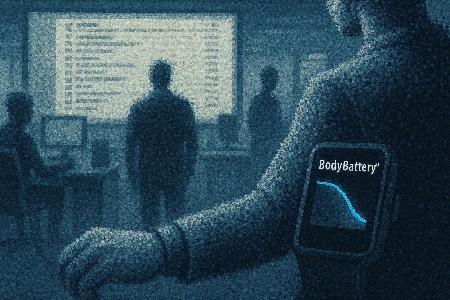 Büro mit BodyBattery-Kurve. Mensch im System, Kontext ist erkennbar – der Mensch steht am Rand, die Zahl steht im Zentrum.