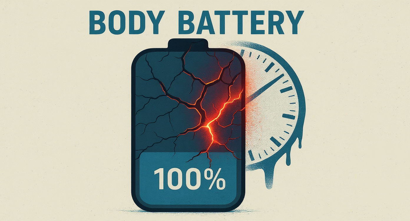 Eine stark stilisierte Illustration einer Batterie, die äußerlich vollgeladen ist (100%), aber innen von Rissen und rot glühenden Spalten durchzogen. Dahinter eine zerlaufende Uhr – Symbol für entgleitende Zeit und systemischen Energieverlust.