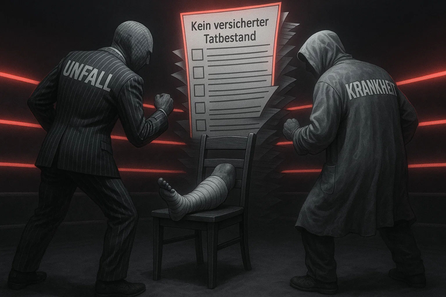 Zwei gesichtslose Figuren in Anzügen mit den Aufschriften „UNFALL“ und „KRANKHEIT“ stehen kampfbereit vor einem verletzten Bein auf einem Stuhl. Im Hintergrund ein riesiges Formular mit dem Titel „Kein versicherter Tatbestand“. Eine kafkaeske Konfrontation.