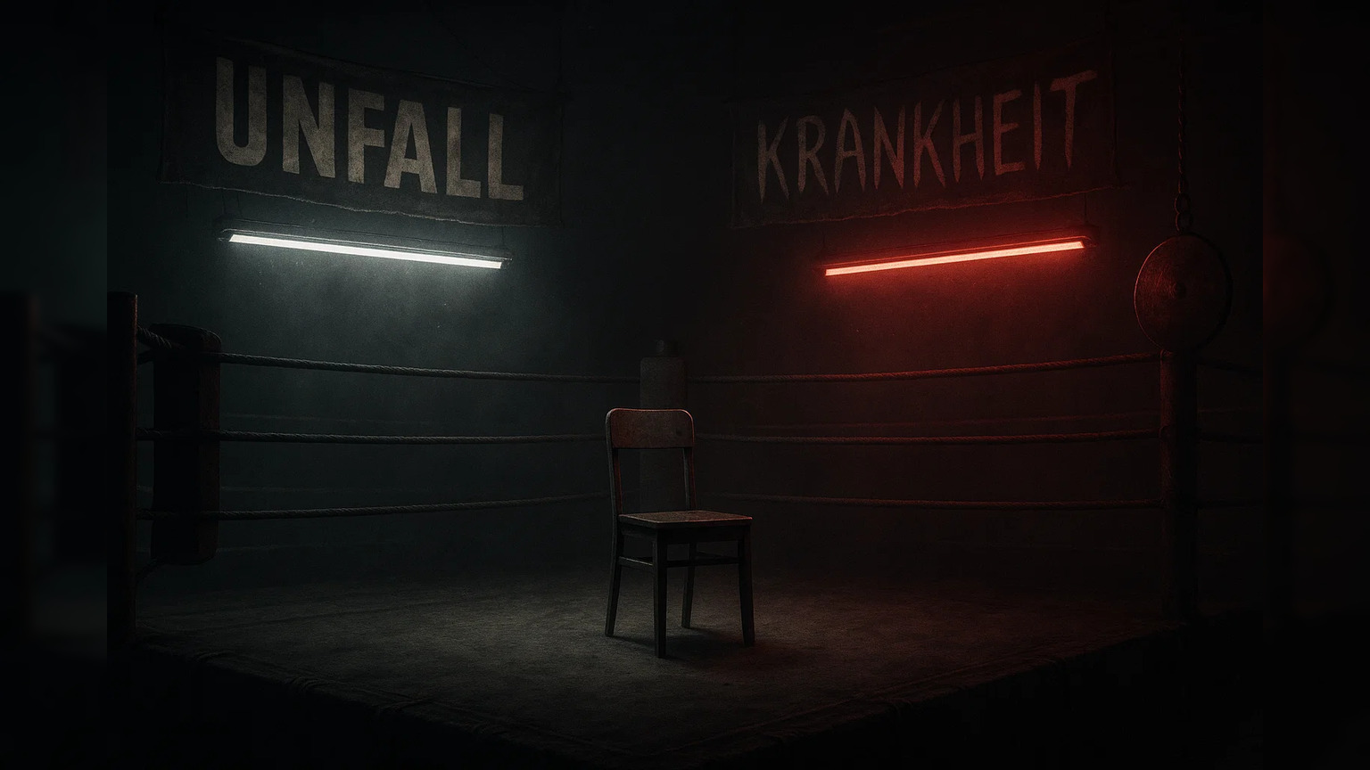 Dunkler Boxring mit leerem Stuhl in der Mitte. Zwei Leuchtschilder über den Ecken: „UNFALL“ (weiß beleuchtet) und „KRANKHEIT“ (rot beleuchtet). Eine beklemmende, wartende Atmosphäre.