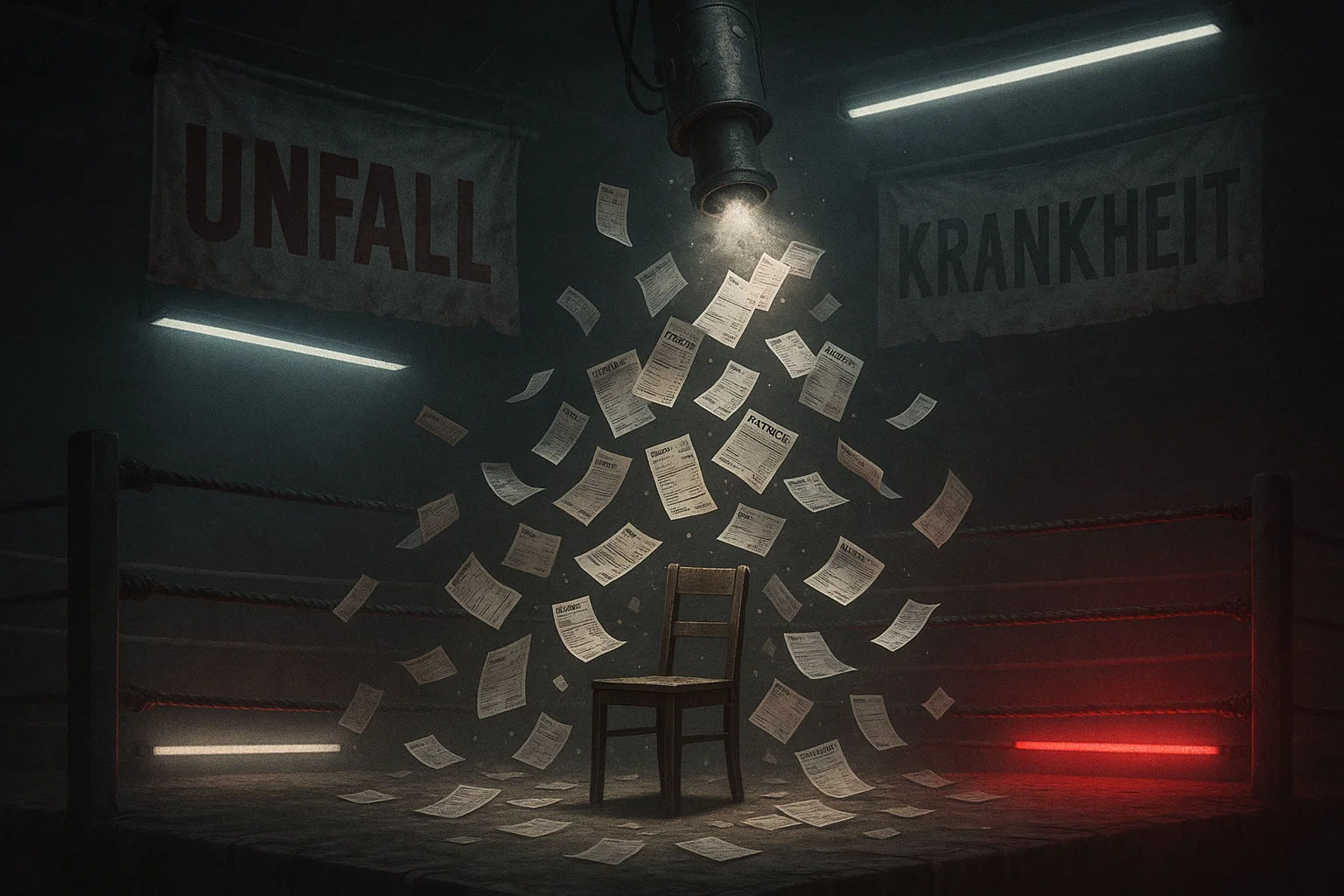 Dokumente und Formulare wirbeln von oben auf einen leeren Stuhl im Boxring herab. Die Schilder „UNFALL“ und „KRANKHEIT“ bleiben sichtbar. Eine zynische Visualisierung des Verwaltungschaos.