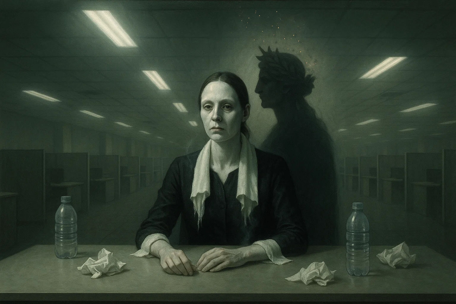 Eine Frau sitzt reglos an einem Konferenztisch, umgeben von grellem Licht. Feuchte Kühltücher hängen schwer an ihrem Nacken und Handgelenken, ihr Blick ist leer. Ihr Schatten auf der Wand formt eine mythische Kassandra-Figur, gekrönt von verglühenden Aschepartikeln.