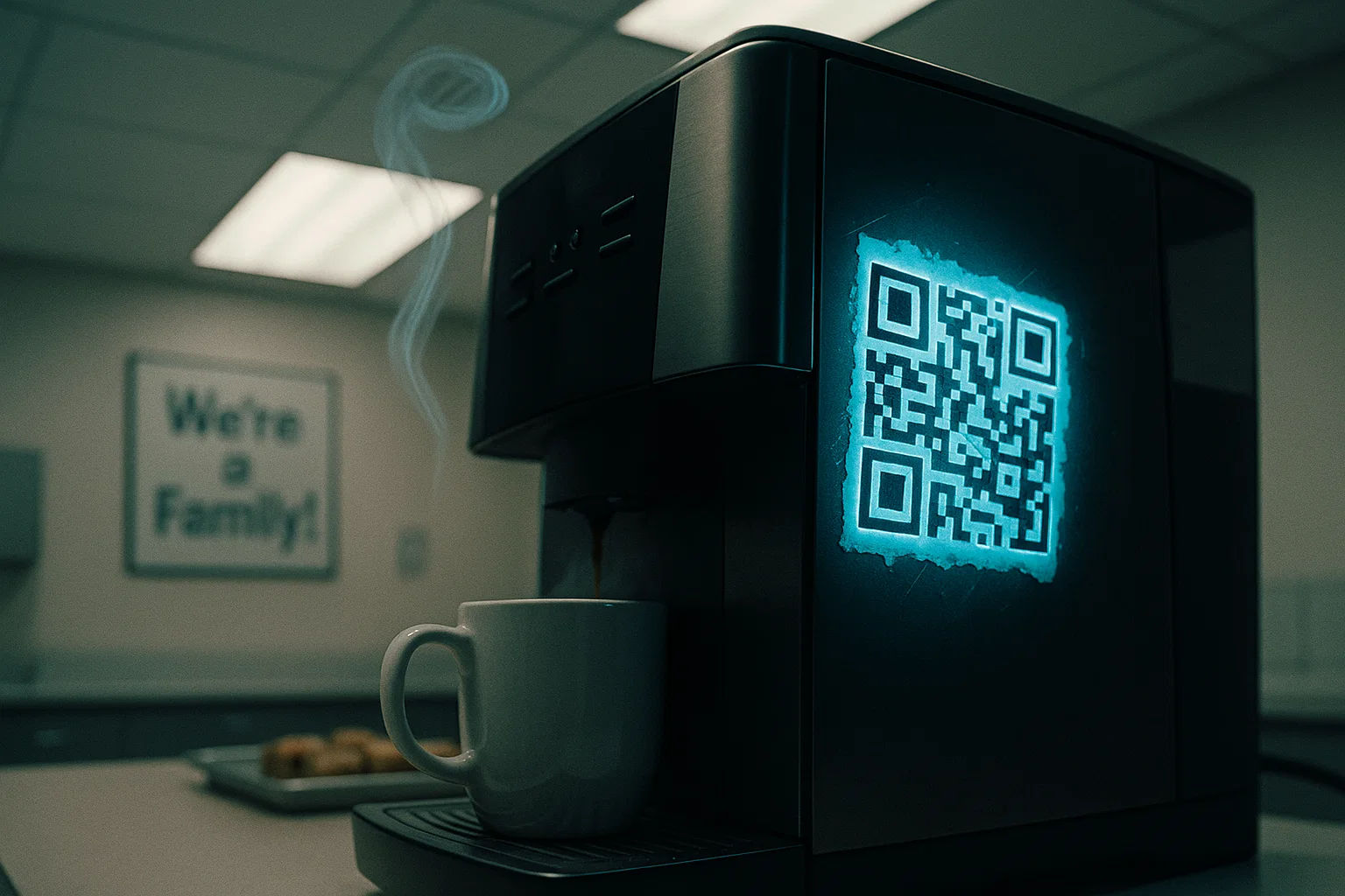 Ein anonymer QR-Code klebt an einem sterilen Kaffeeautomaten in einem Büro. Sein schwaches, neonblaues Leuchten suggeriert eine geheime Botschaft, während im Hintergrund verblasste Motivationsplakate hängen.