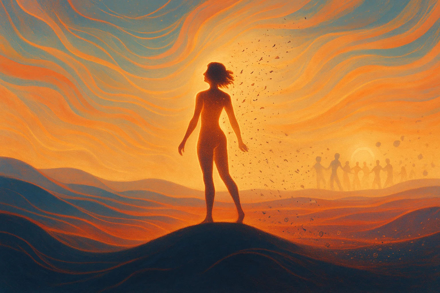 Eine Figur im Sonnenlicht, aufgelöst in warmen Wellen. Im Hintergrund ein Kreis von Menschen.