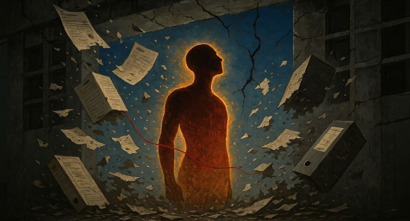 Silhouette eines Menschen, verbunden mit einem Aktenordner, durchbricht eine Wand aus Formularen.