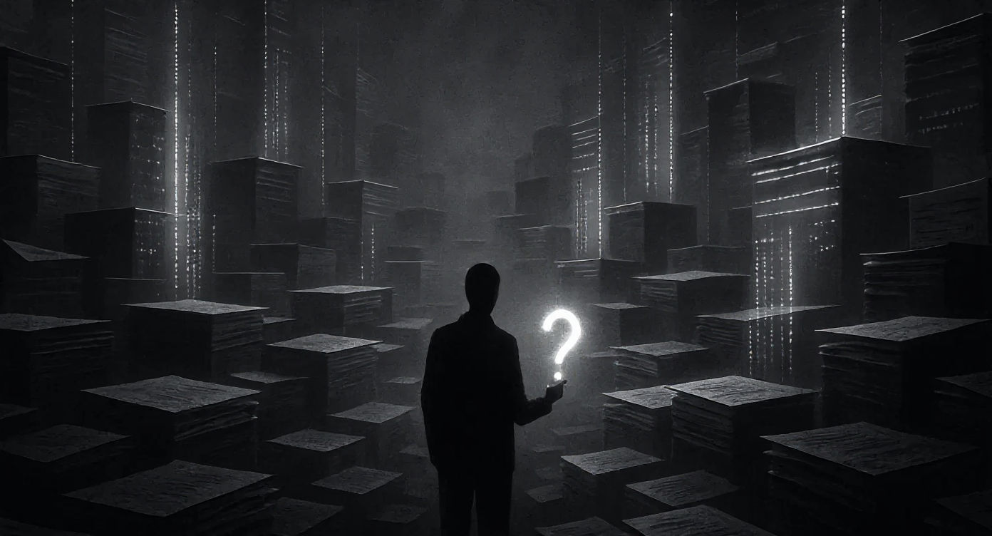 Ein surreales, monochromes Labyrinth aus Papierstapeln und leuchtenden Datenströmen schwebt in einem nebligen Raum. In der Mitte steht eine menschliche Silhouette, die ein schwach glühendes Fragezeichen hält. Die Szene ist kalt und bürokratisch, doch feine Lichtrisse in der Struktur deuten auf Hoffnung oder Widerstand hin. Minimalistische, kontrastreiche Ästhetik mit kinematischer Beleuchtung.