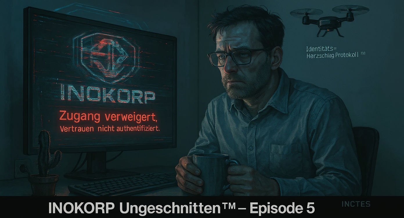 Bild eines surrealen, dystopischen Szenarios: Markus, ein erschöpfter Projektmanager, sitzt in einem sterilen Home-Office, hält eine kalte Kaffeetasse und starrt auf einen flackernden Anmeldebildschirm mit der Meldung 'Zugang verweigert. Vertrauen nicht authentifiziert.' im neon-roten Licht. Im Hintergrund ein glitchiges INOKORP-Logo, ein vertrockneter Kaktus und ein Drohne, die 'Identitäts-Herzschlag Protokoll™' projiziert. Überlagert mit 'INOKORP Ungeschnitten™ – Episode 5'.