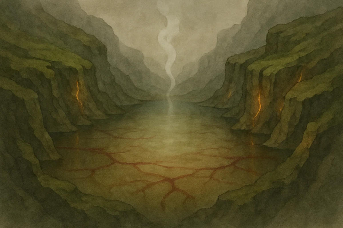 A surreal, sunken valley with a shimmering, stagnant pool glowing in muted olive and rust-red hues, its surface rippling with faint, crimson veins that pulse like hidden currents. The scene is heavy yet resilient, with jagged, moss-covered cliffs rising from the edges, their cracks emitting a soft, amber glow under constant strain.