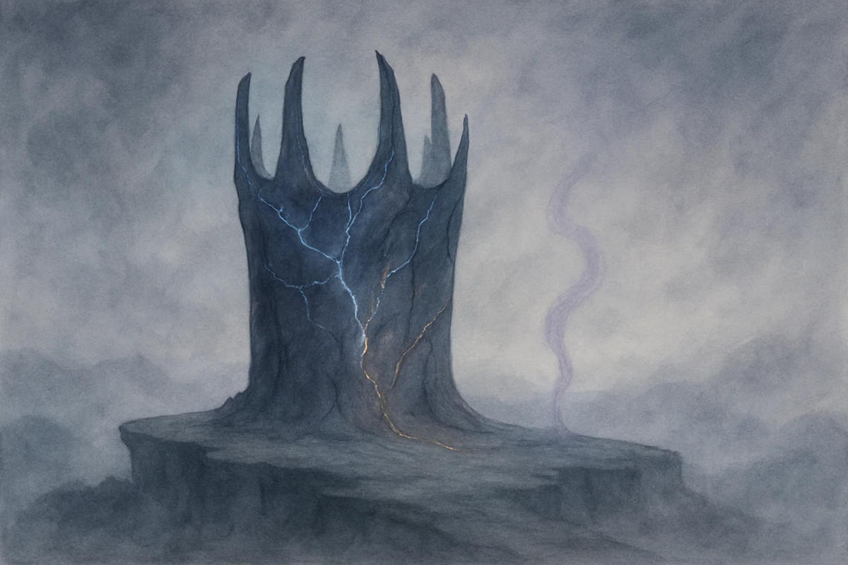 A surreal, misty plateau with a towering, fragmented spire resembling a weathered crown, glowing faintly in pale silver and deep indigo hues. 