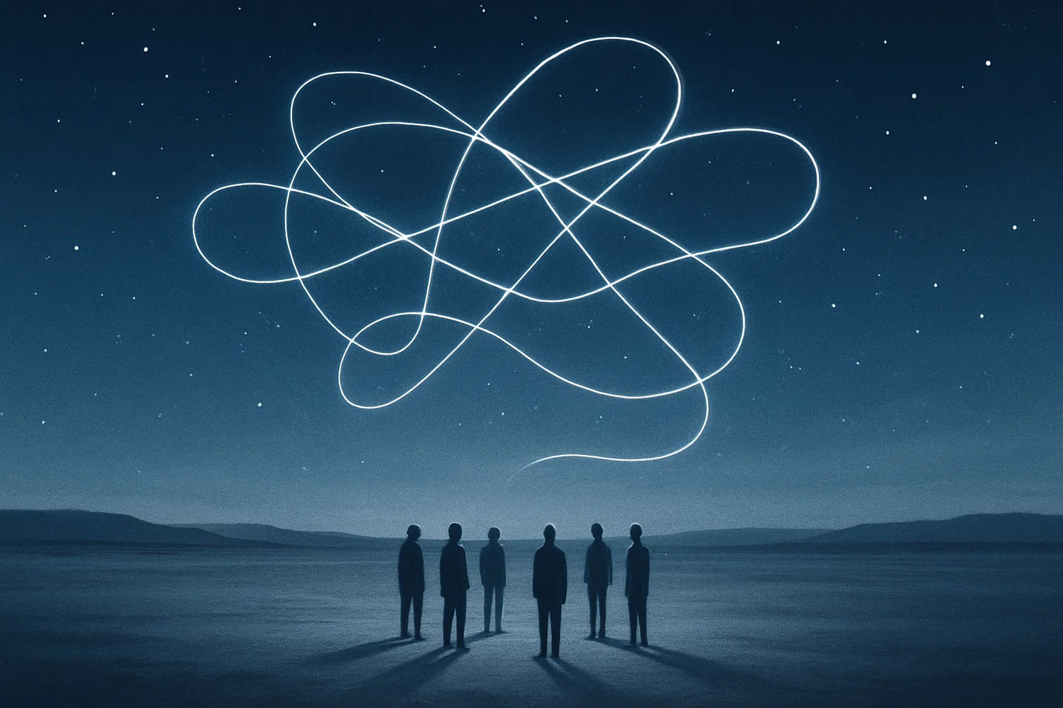 Eine weite, offene Landschaft unter einem Sternenhimmel, durch die ein leuchtender Faden schwebt und abstrakte Muster webt, die ein Netzwerk andeuten. In der Ferne steht eine Gruppe gesichtsloser Gestalten in einem lockeren Kreis, ihre Schatten verschmelzen mit dem Boden. Die Szene ist nachdenklich, futuristisch und leicht geheimnisvoll, in sanften Blau- und Silbertönen gehalten.