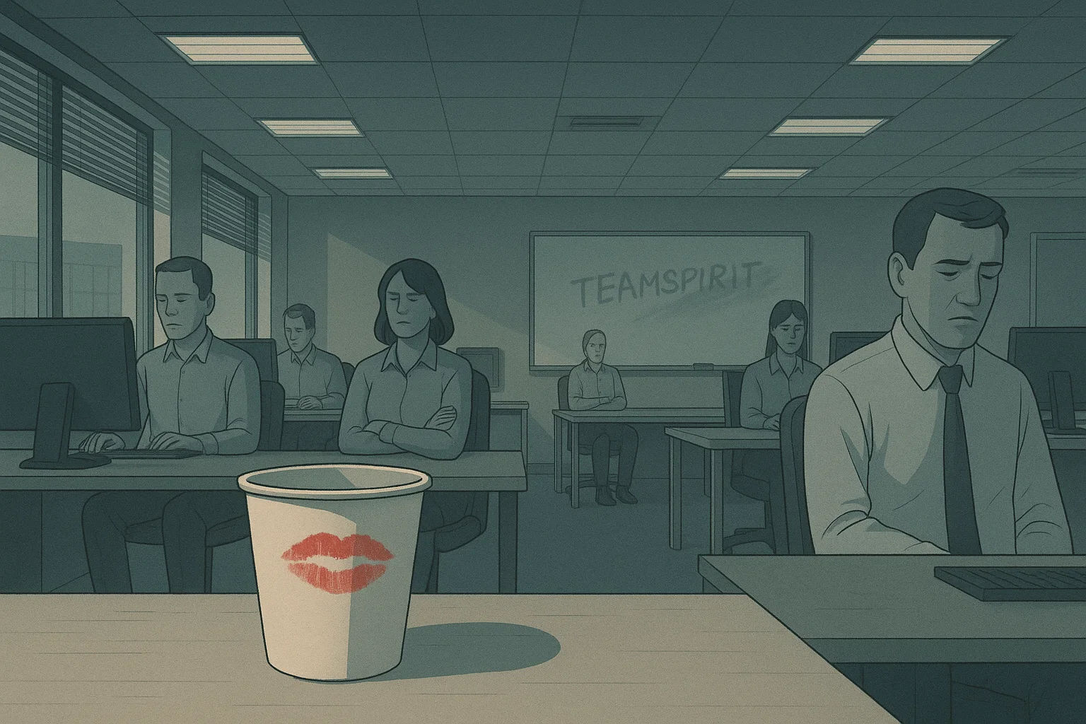 Ein Großraumbüro am Morgen, Menschen an Schreibtischen meiden Blickkontakt. Ein leerer Kaffeebecher mit rotem Lippenstiftabdruck steht im Vordergrund. Ein Whiteboard im Hintergrund zeigt das halb weggewischte Wort „Teamspirit“ unter kaltem Neonlicht.