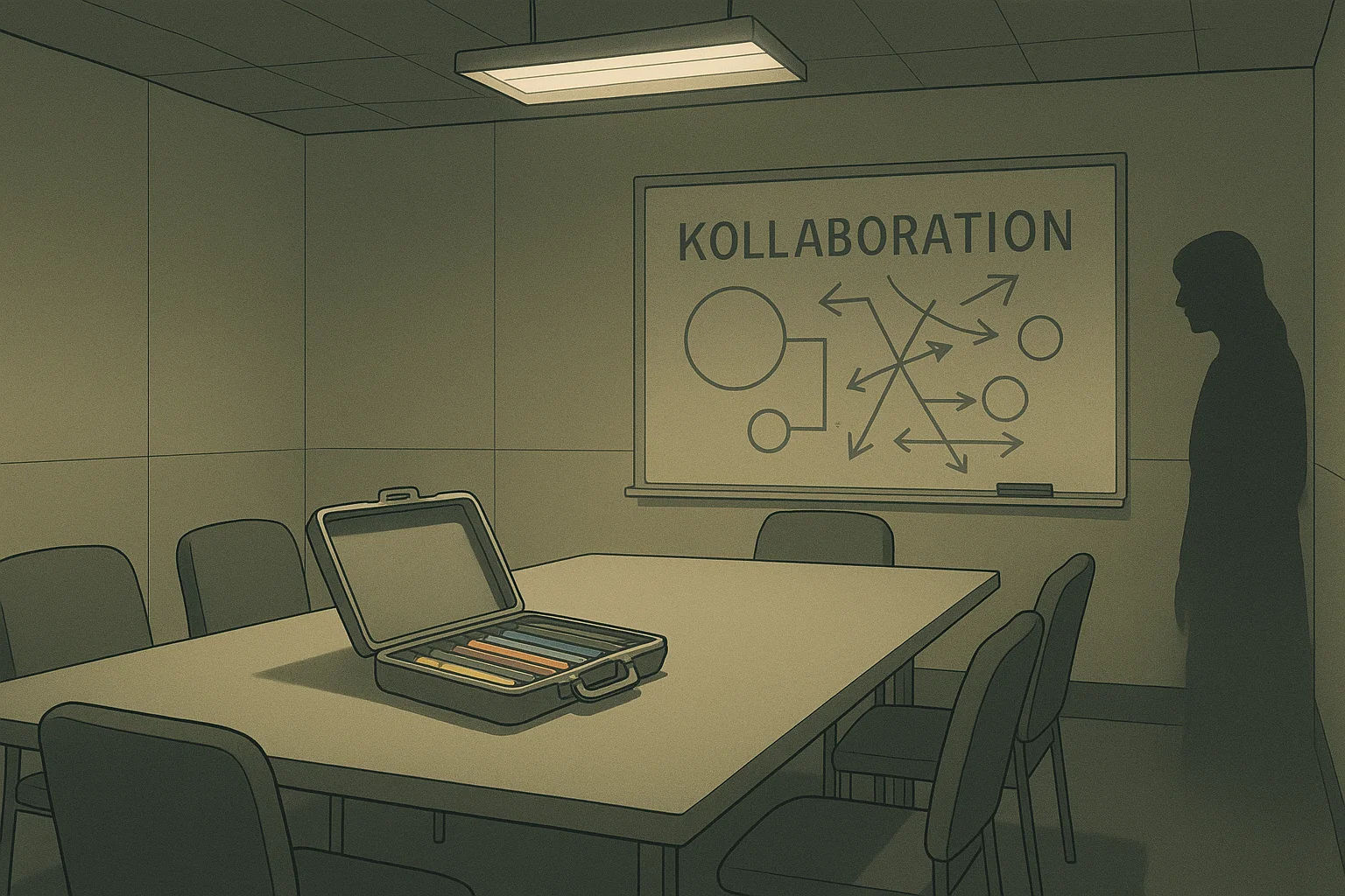Ein leerer Konferenzraum mit kaltem Neonlicht. Auf einem Tisch liegt ein halb geöffneter Filzstift-Koffer, bunte Stifte quellen heraus. Ein Whiteboard zeigt das Wort „Kollaboration“ mit chaotischen Pfeilen. Eine schattenhafte Figur steht am Rand, als würde sie flüstern.