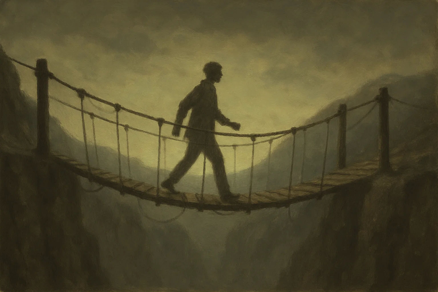 Ein Bild von einer schwankenden, aber intakten Brücke aus Holz und Seilen, die über eine Schlucht führt. Im Hintergrund ein neuer Horizont mit grünem Licht, keine Dunkelheit.