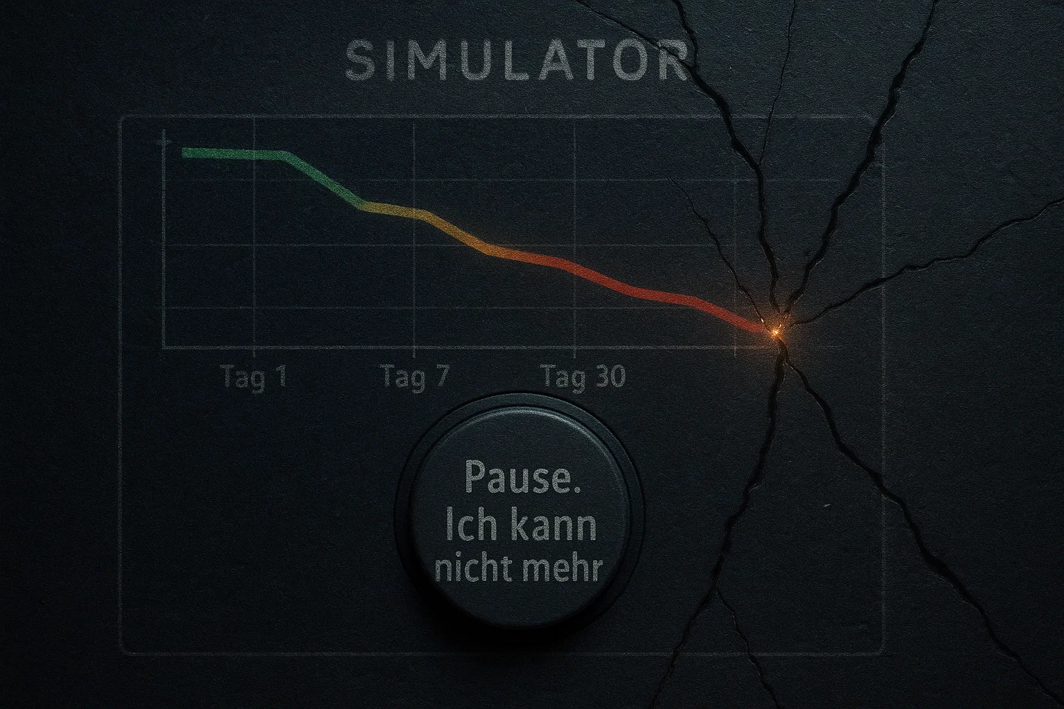 Ein digitales Interface mit einem runden „Pause. Ich kann nicht mehr“-Knopf, der schwach leuchtet. Im Hintergrund ein Diagramm, das von grün über gelb zu rot kippt, mit Rissen im Bildschirm. Ein Funke glimmt durch die Brüche.