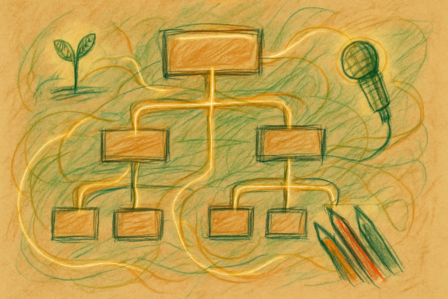 Ein skizzenhaftes Organigramm mit leuchtenden, chaotischen Linien in Ocker und Grün, das sich von starren Boxen löst. Dazwischen Symbole wie Pflanzen, Stifte und ein offenes Mikrofon, die Resonanz andeuten.