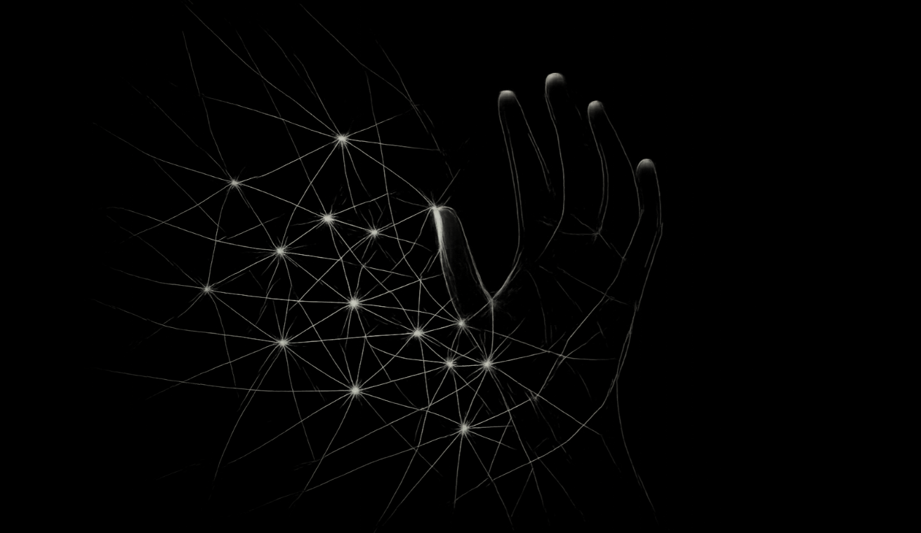 Eine halbtransparente Hand, die sich langsam aus einem Lichtnetz löst. Dahinter weicher Nebel, undeutlich. Keine Richtung, kein Ziel – nur das Lösen selbst, zart und ohne Widerstand.