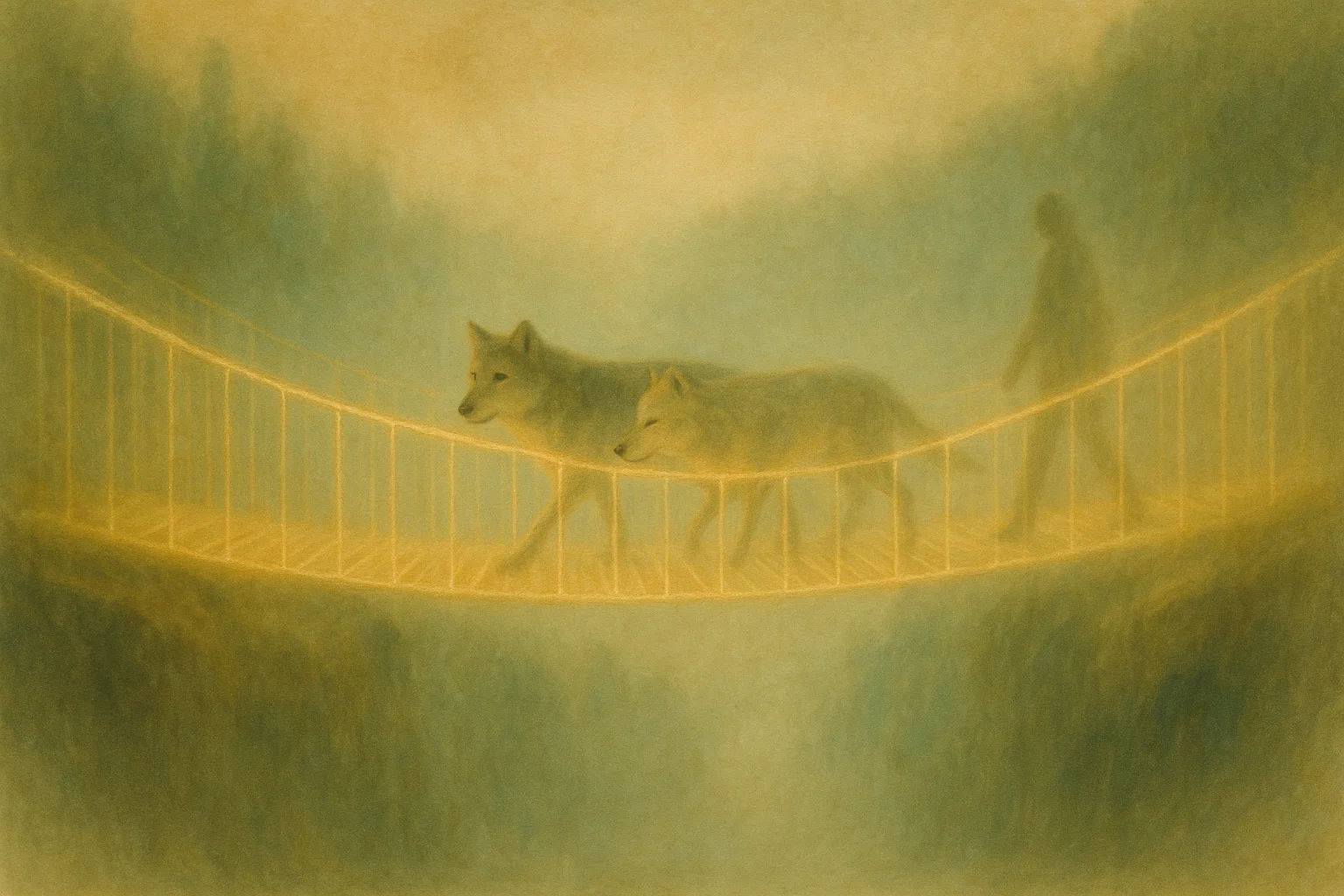 Ein sanftes Bild einer schwebenden Brücke aus Lichtfäden in Ocker und Grün, die über eine neblige Schlucht führt. Zwei schemenhafte Wölfe – einer mit klarem Blick, der andere träumend – laufen nebeneinander, gefolgt von einer vagen menschlichen Silhouette. Die Stimmung ist ruhig und hoffnungsvoll, mit einem Hauch von Bewegung.