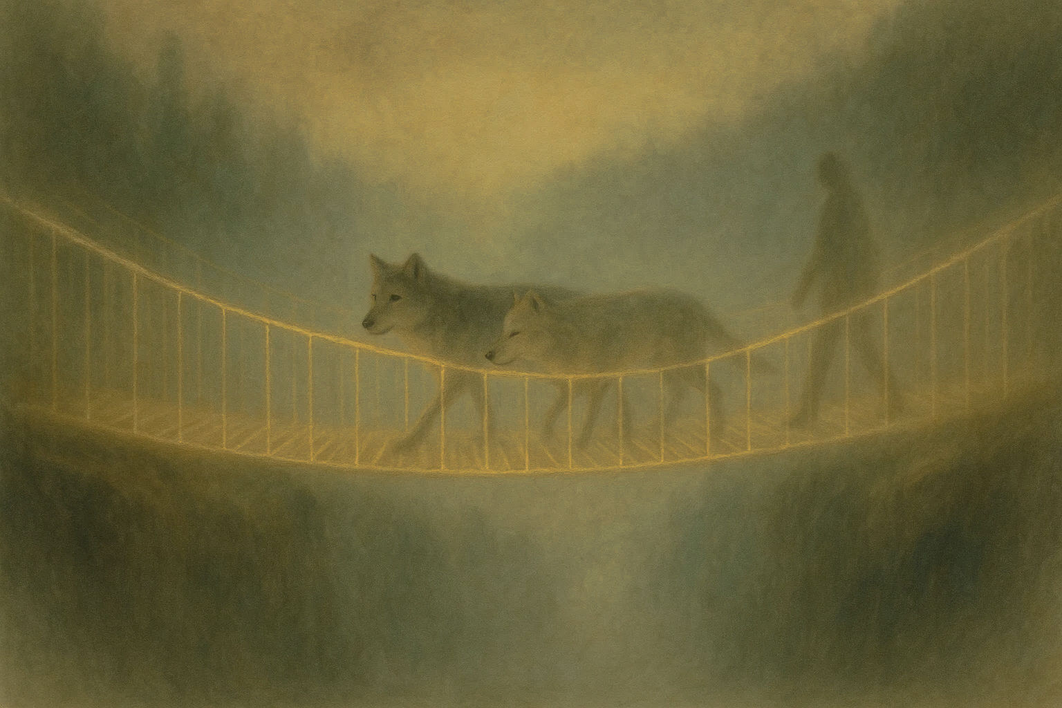 Ein sanftes Bild einer schwebenden Brücke aus Lichtfäden in Ocker und Grün, die über eine neblige Schlucht führt. Zwei schemenhafte Wölfe – einer mit klarem Blick, der andere träumend – laufen nebeneinander, gefolgt von einer vagen menschlichen Silhouette. Die Stimmung ist ruhig und hoffnungsvoll, mit einem Hauch von Bewegung.