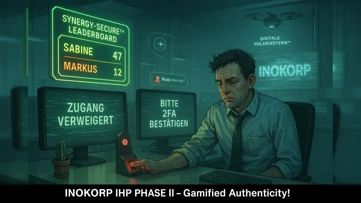 Bild einer surrealen, dystopischen Büroszene: Markus, ein erschöpfter Projektmanager, kämpft mit einem biometrischen Scanner, dessen schwitzender Daumen abgelehnt wird, umgeben von flackernden Bildschirmen mit 'Zugang verweigert' und 'Bitte 2FA bestätigen.' Ein holografisches 'Synergy-Secure™ Leaderboard' zeigt SABINE mit '47 Logins' und Markus mit '12' in Grün-Gelb-Rot. Im Hintergrund ein glitchiges INOKORP-Logo, eine Drohne mit 'Digitale Polarisstern™'-Projektion und ein vertrockneter Kaktus mit einem rot leuchtenden 'BodyMetrics®'-Icon. Überlagert mit 'INOKORP IHP Phase II – Gamified Authenticity!'