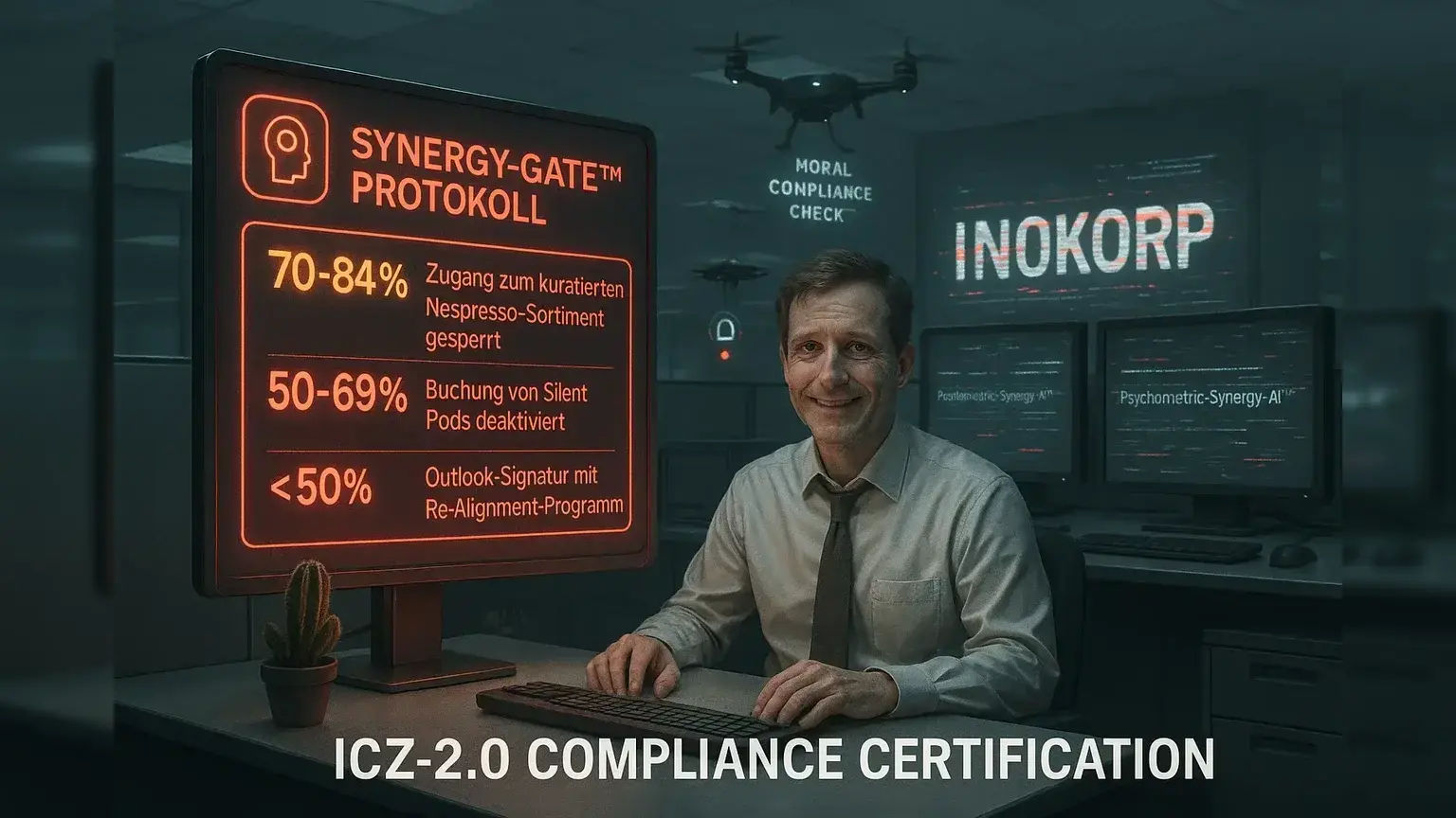 Surreale, dystopische Büroszene: Ein erschöpfter Mitarbeiter erzwingt ein Lächeln, umgeben von flackernden Bildschirmen mit ‚Psychometric-Synergy-AI™‘. Ein holografisches ‚Synergy-Gate™‘-Dashboard listet Sanktionen: ‚70–84%: Nespresso gesperrt‘, ‚50–69%: Silent Pods deaktiviert‘, ‚<50%: Re-Alignment-Programm‘. Im Hintergrund ein glitchiges INOKORP-Logo, eine Drohne mit ‚Moral Compliance Check™‘-Projektion und ein vertrockneter Kaktus mit rot leuchtendem ‚Mental-Alignment-Nudge™‘-Icon. Überlagert: ‚ICZ-2.0 – Moral Compliance Check!‘