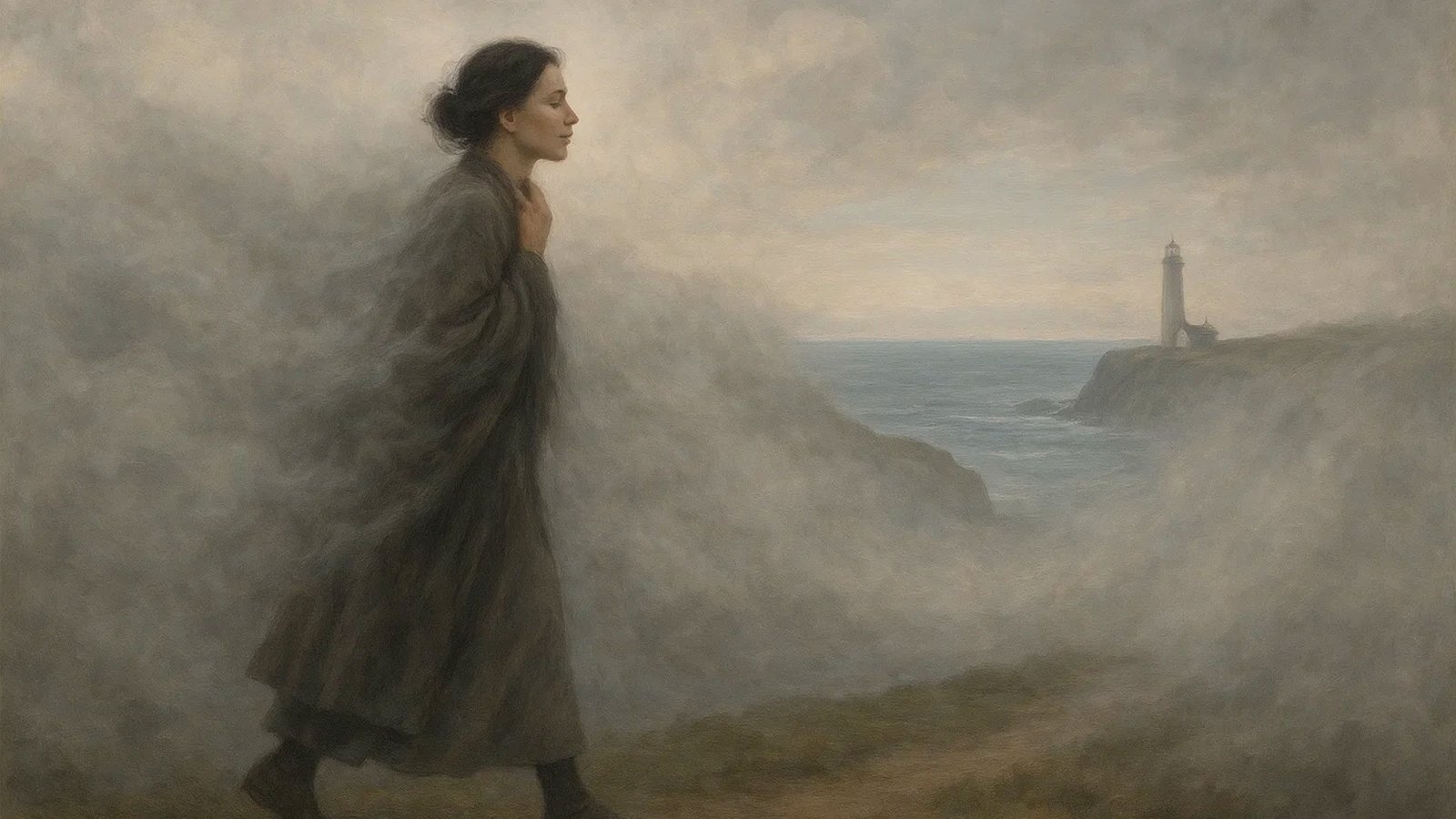 Eine Frau in einem dunklen Mantel steht nachdenklich in dichtem Nebel auf einer Küstenklippe, mit einem Leuchtturm in der Ferne, der durch den Dunst scheint, über dem ruhigen Meer bei Dämmerung.