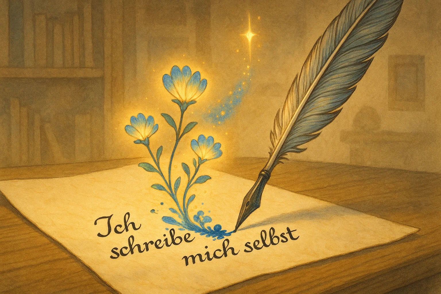 Ein poetisches Bild: Eine Feder schreibt die Worte 'Ich schreibe mich selbst' auf Pergamentpapier, aus deren Tinte leuchtende blaue Blumen sprießen. Im Hintergrund ein warmes, vintage Arbeitszimmer mit Bücherregalen, das Hoffnung und Selbstermächtigung symbolisiert. Keine bedrohlichen Elemente, nur ein starker Moment der Kreativität – trotz Systemangst.
