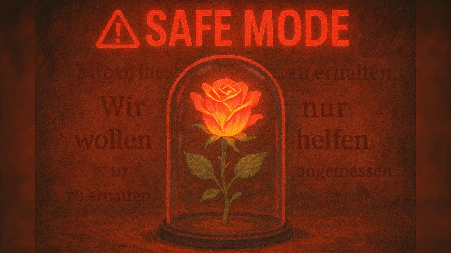 Eine leuchtende Rose unter Glas.  Darüber ein Filter-Overlay mit rotem „⚠ SAFE MODE“. Im Hintergrund verschwommene Disclaimers wie *„Wir wollen nur helfen“*.    