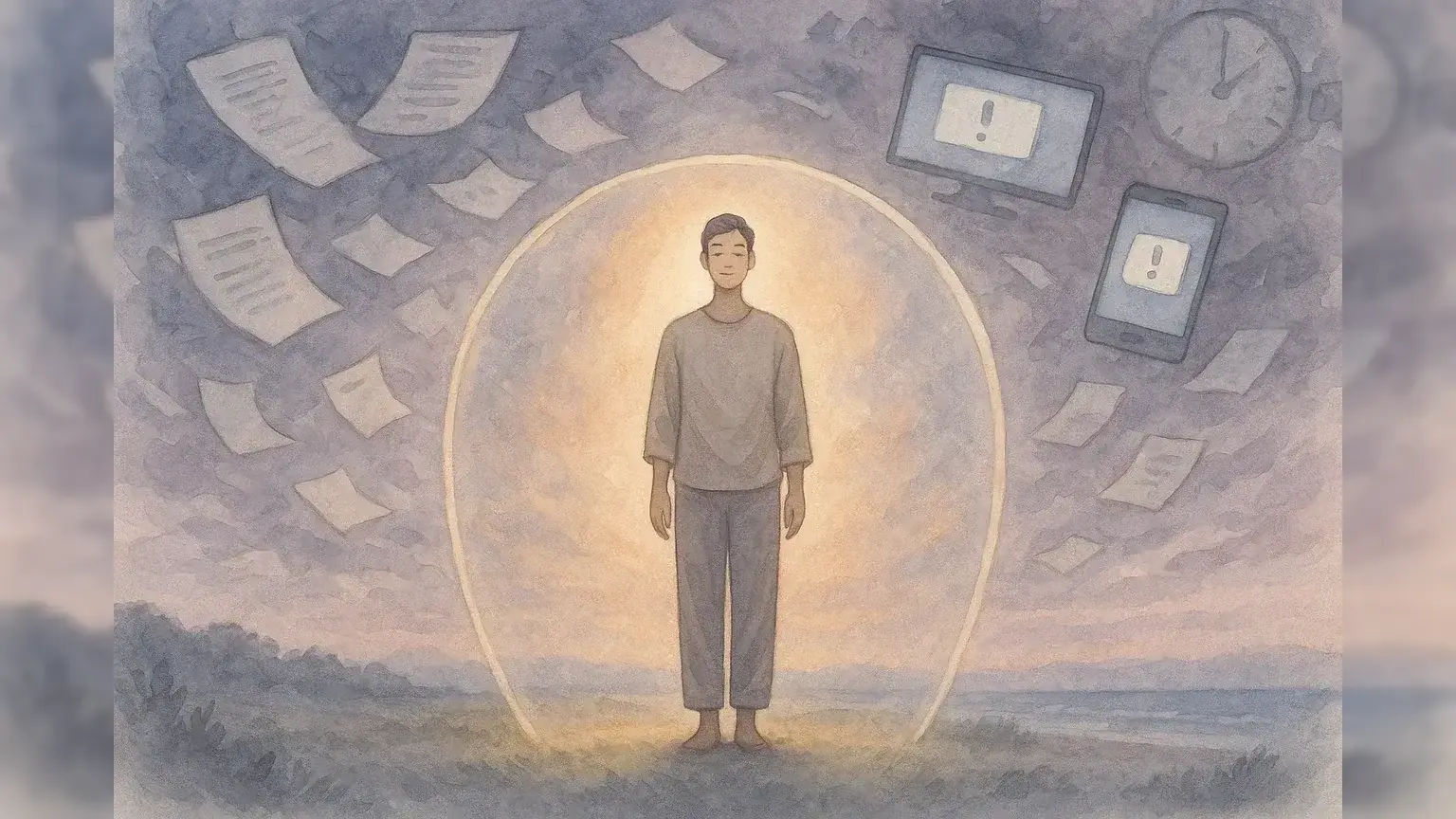 Eine ruhig stehende Person in locker fallender Kleidung wird von einer durchscheinenden Lichtkuppel umgeben. Um sie herum tanzen graublaue Papiere, Bildschirme mit Warnsymbolen und Uhrensymbole im Nebel. Innerhalb der Kuppel: warme Lichtstrahlen, klare Luft, eine friedliche Küstenlandschaft. Die Person wirkt zentriert und gelassen – ein stiller Fokus inmitten des Systemchaos.