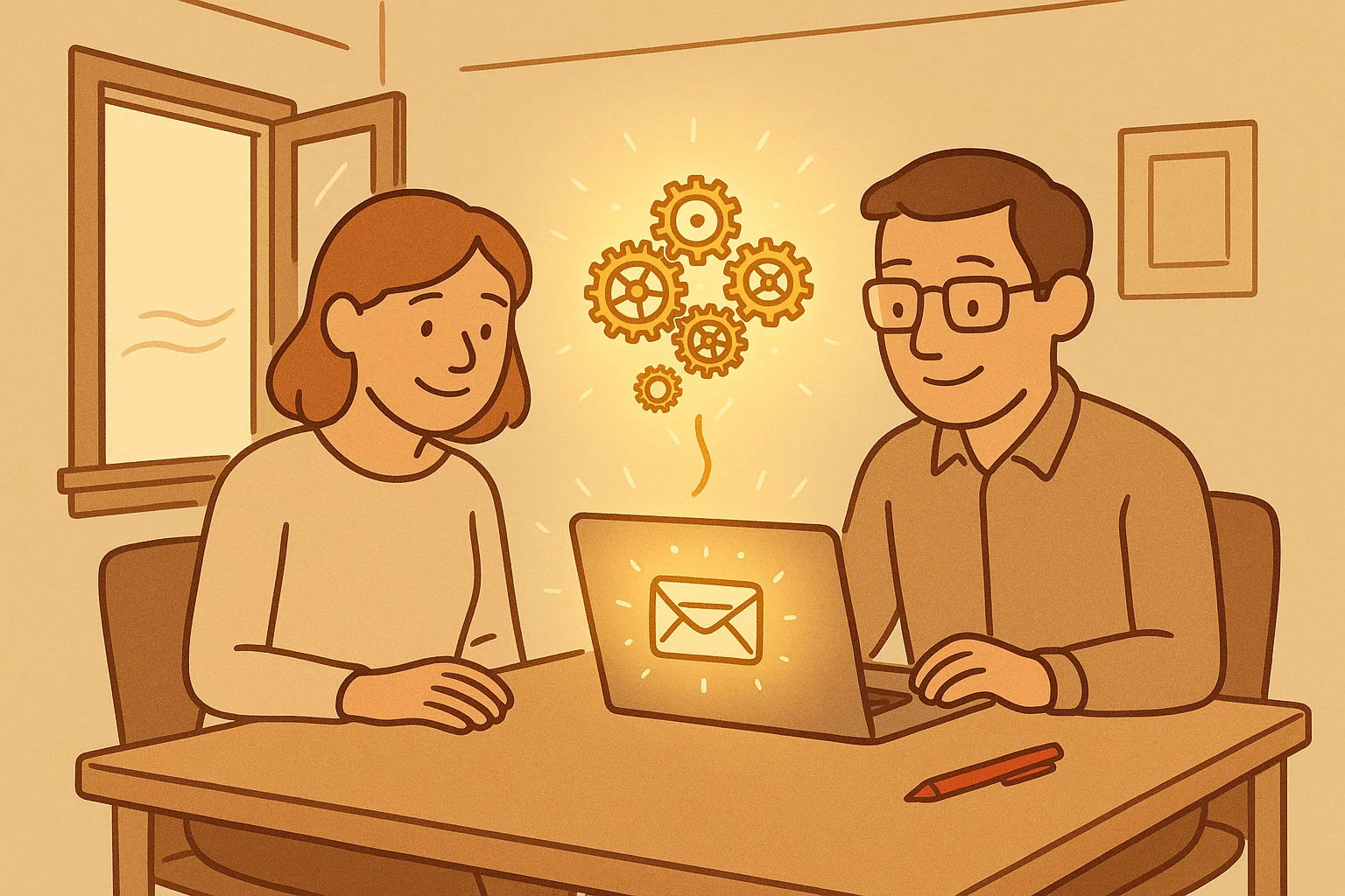 Ein kleiner Büroraum mit warmem Licht, ein goldenes Uhrwerk schwebt über einem Tisch. Zwei Gestalten blicken auf einen Laptop, ein roter Stift liegt daneben, ein offenes Fenster im Hintergrund.