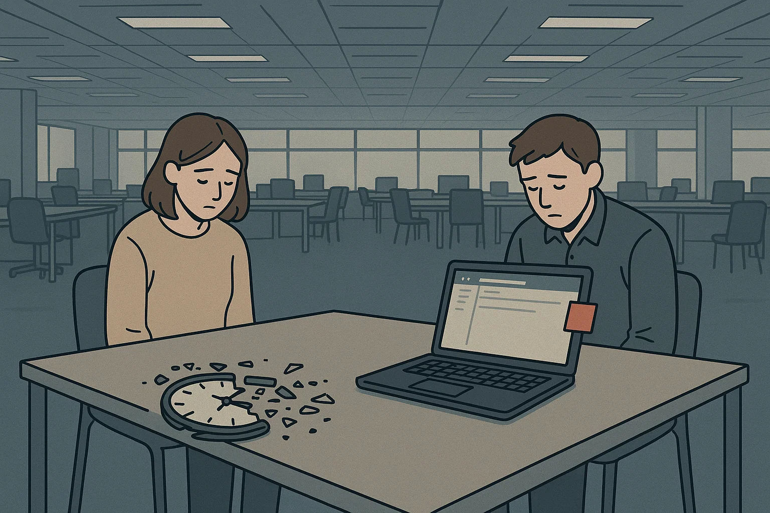 Ein Großraumbüro mit kalter Beleuchtung, Scherben eines Uhrwerks am Boden. Zwei Gestalten sitzen schweigend an einem Tisch, ein Laptop zeigt ein geschlossenes E-Mail-Fenster, ein rotes Post-it klebt am Bildschirm