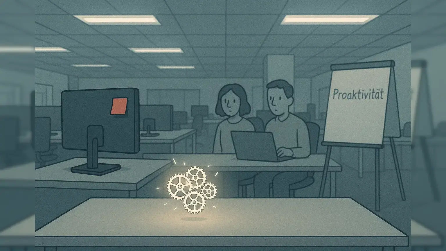 Ein Großraumbüro unter Neonlicht mit einem schwebenden, leuchtenden Uhrwerk über einem Tisch. Schemenhafte Gestalten starren auf einen Laptop, ein rotes Post-it klebt am Monitor, ein Flipchart zeigt „Proaktivität“.