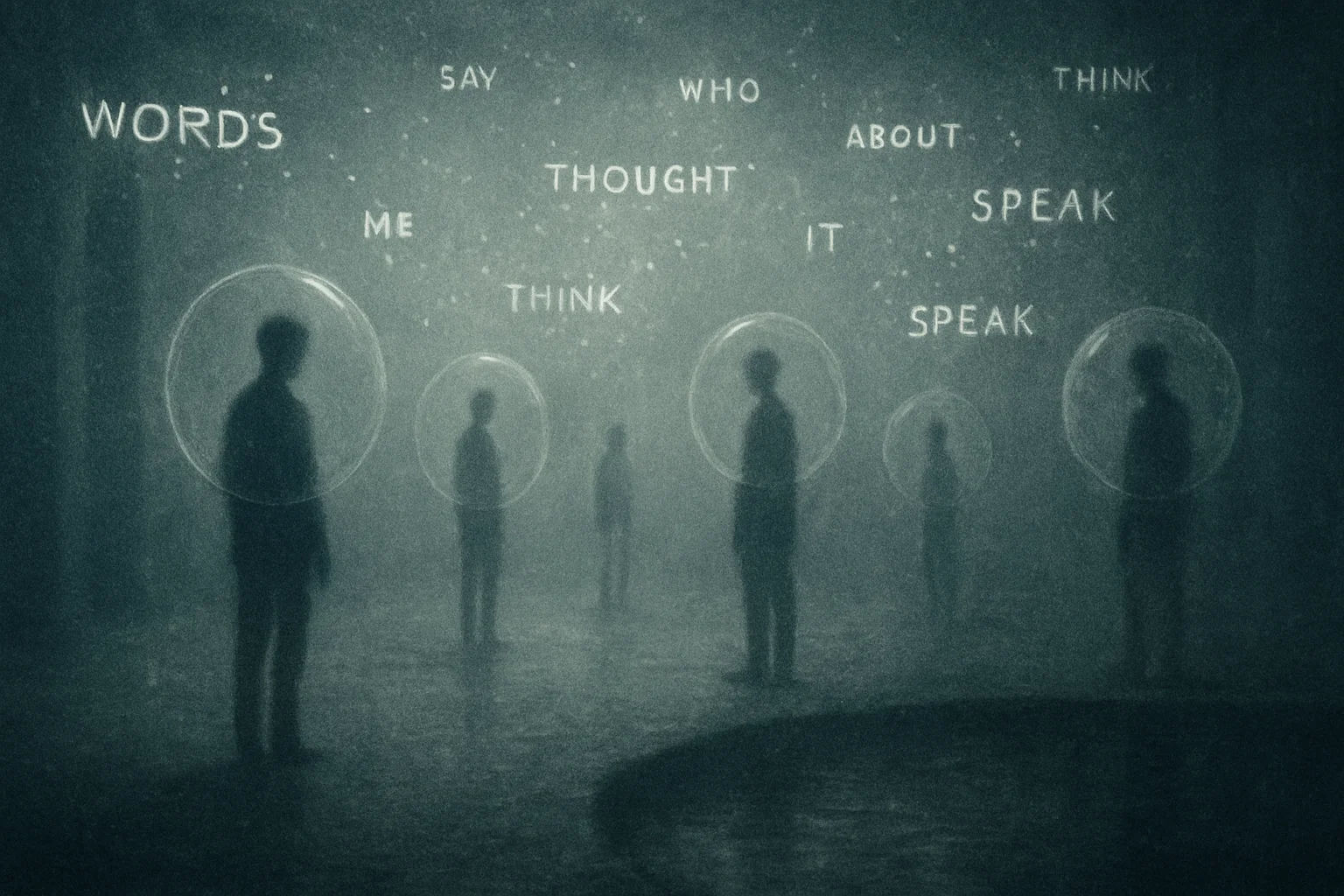 Ein nebliger Raum ohne Reflexion. Kein Glas. Kein Wasser. Nur diffuse Umrisse von Menschen, die in ihre eigene Sprechblase sprechen – während in einer Ecke ein stiller Teich schimmert, kaum sichtbar.