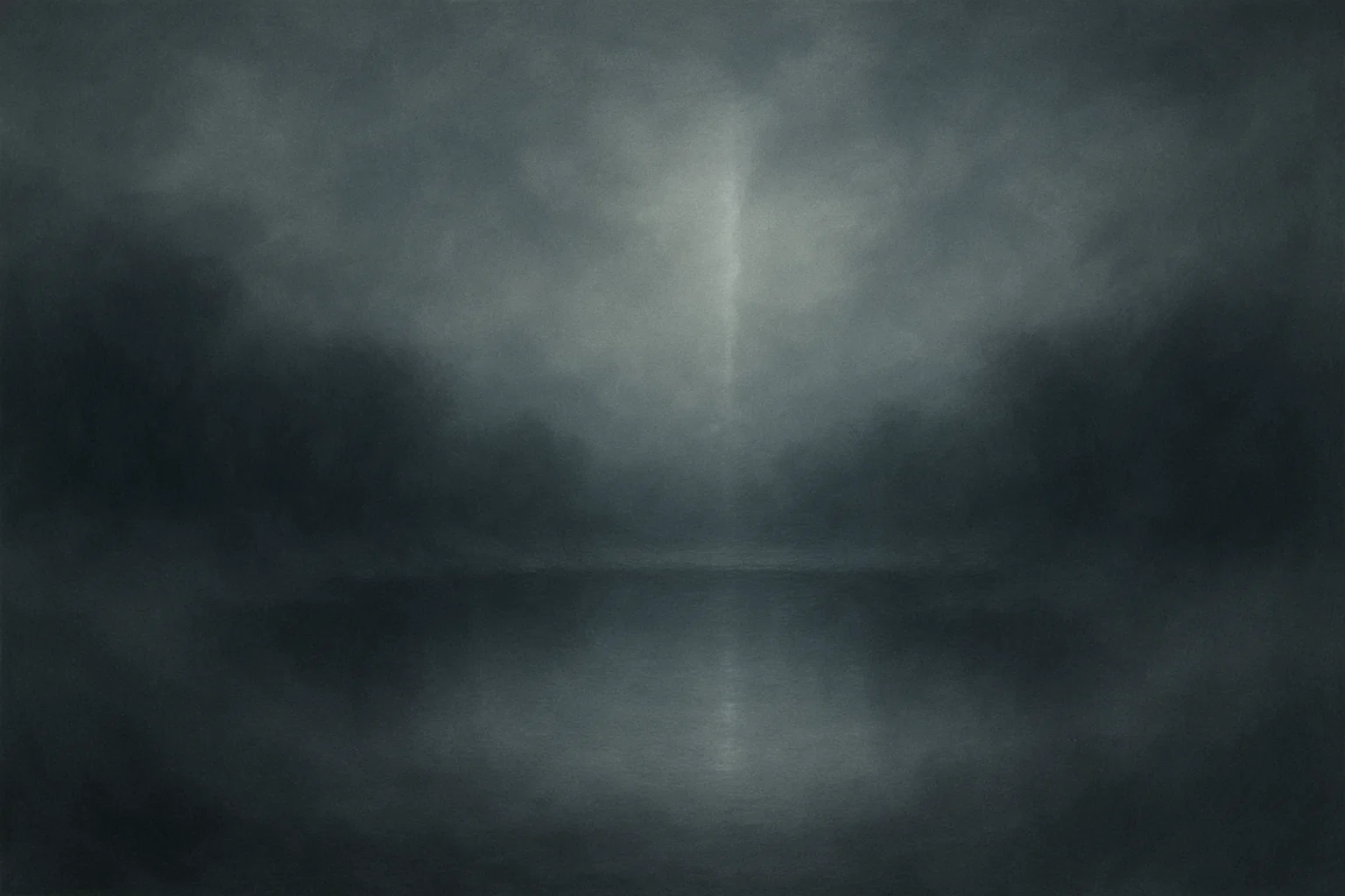 Ein stiller Teich in einer dämmrigen Landschaft, umgeben von weichen Schatten, die wie Nebel wirbeln. Ein einzelner Lichtstrahl bricht durch, reflektiert subtil auf der Wasseroberfläche.