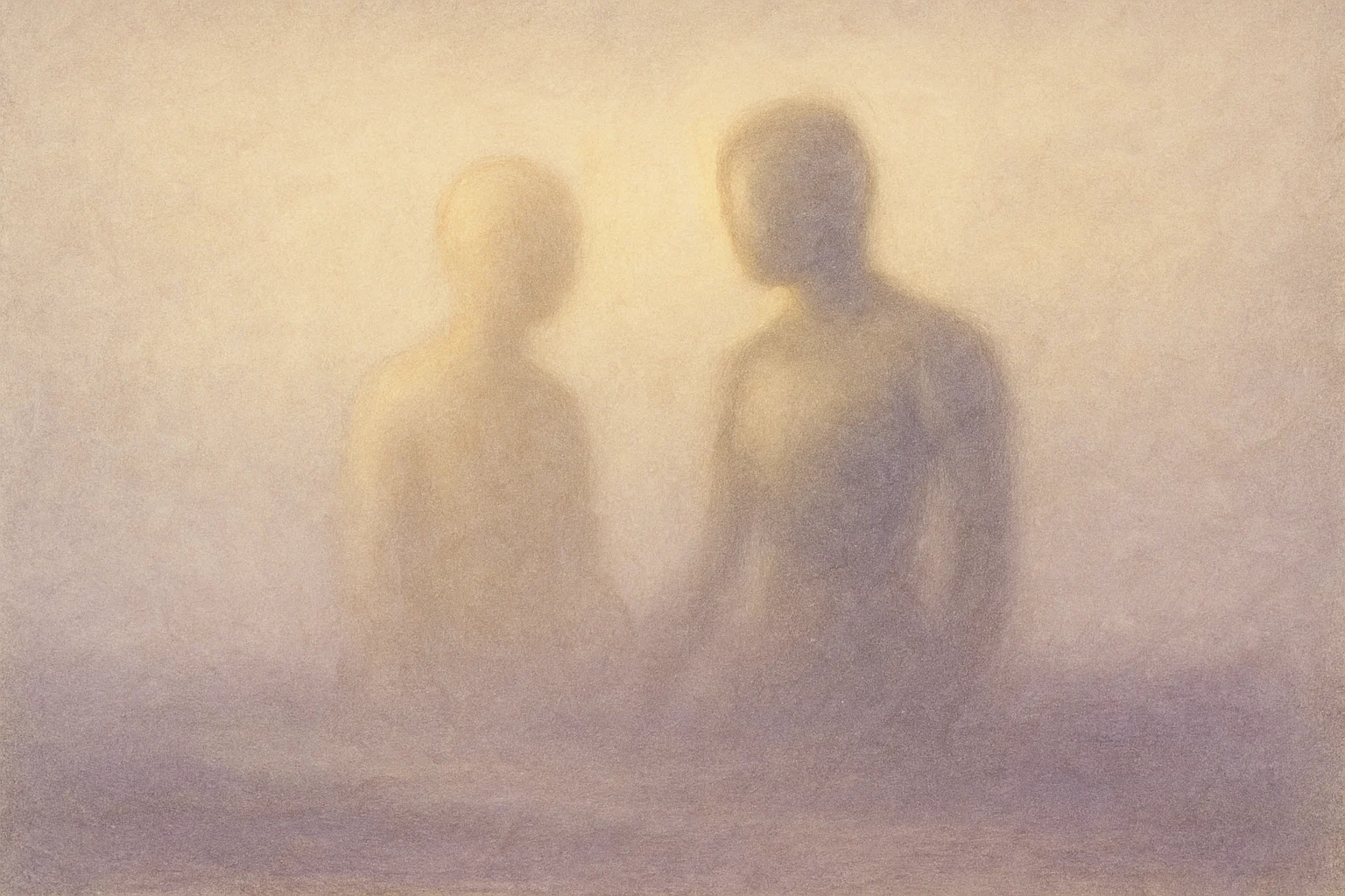 Eine ruhige Landschaft, in der zwei schwache, verschwommene Lichtkörper in warmen Beige- und dezenten Goldgrautönen aus einem weichen, nebligen Horizont hervortreten und deren Ränder sanft ineinander übergehen, wie ein Echo der Verbundenheit.